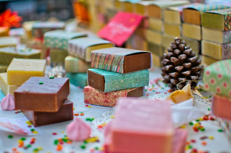 Colหรือful handmade soap bars stacked