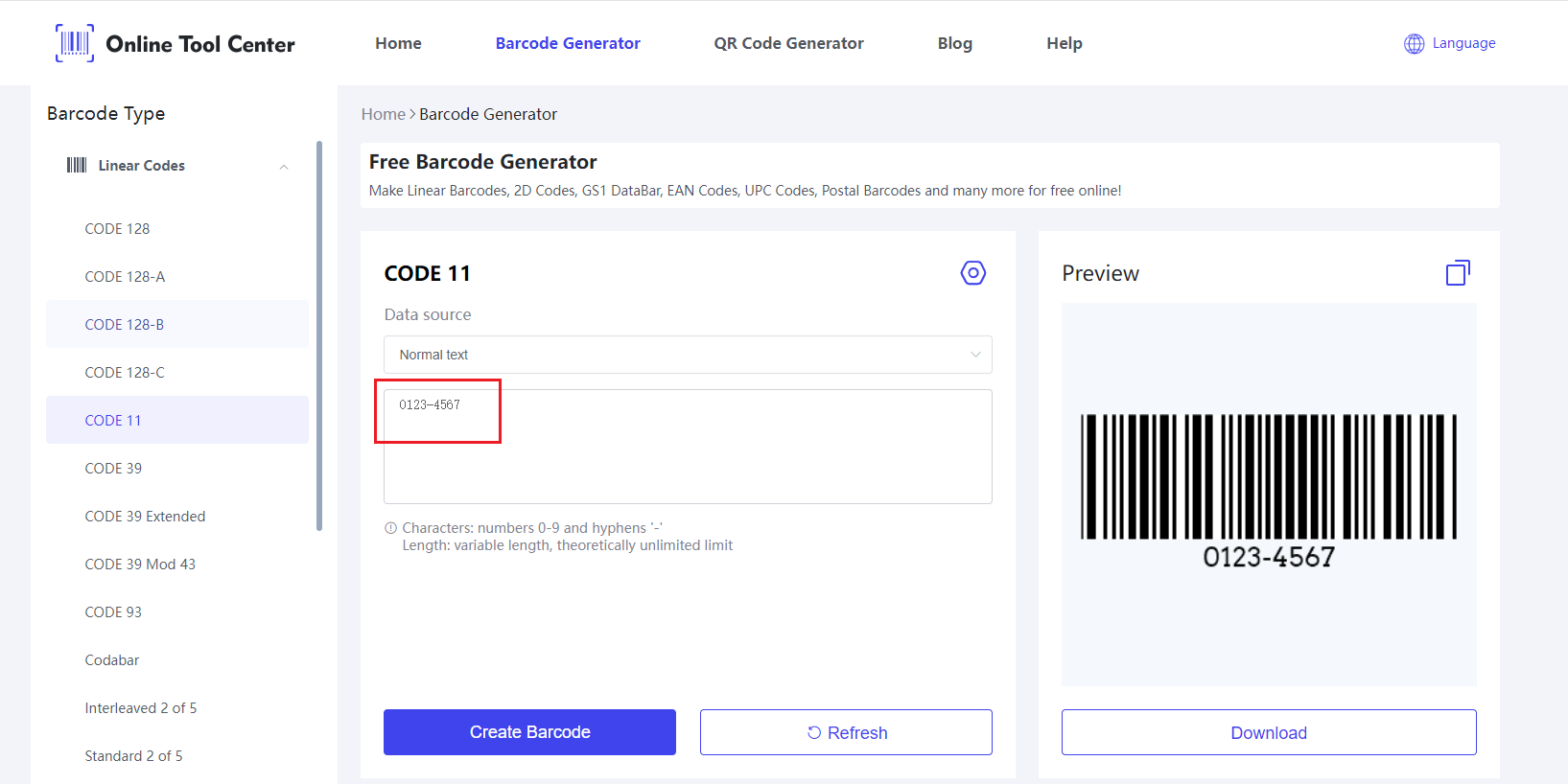 ป้อนข้อมูลบน Code 11 Barcode Generator.png