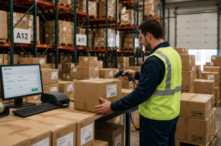 scanning barcodes in warehouse การสแกนบาร์โค้ดในคลังสินค้า